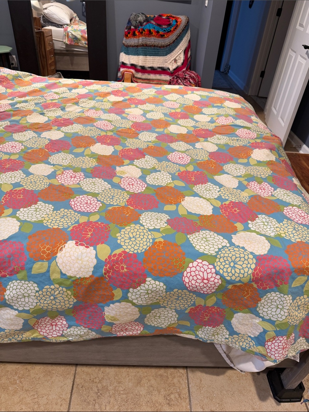 Garnet Hill Zinnia Floral Duvet Cover Queen Colorful Graphic Blooms